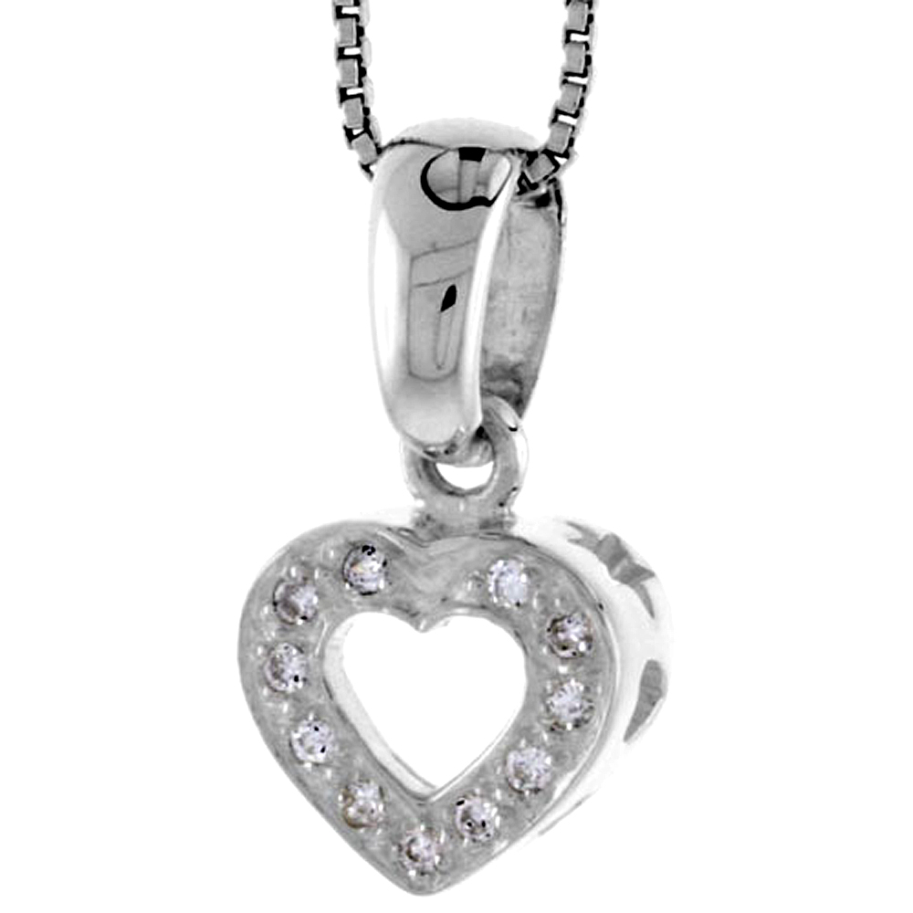 High Polished Sterling Silver 9/16" (14 mm) tall Heart Cut Out Pendant, w/ 1.5mm Brilliant Cut CZ Stones, w/ 18" Thin Box Chain