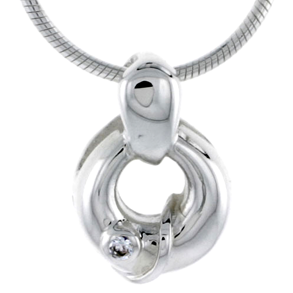 High Polished Sterling Silver 9/16" (14 mm) Round Pendant, w/ Brilliant Cut CZ Stone, w/ 18" Thin Box Chain