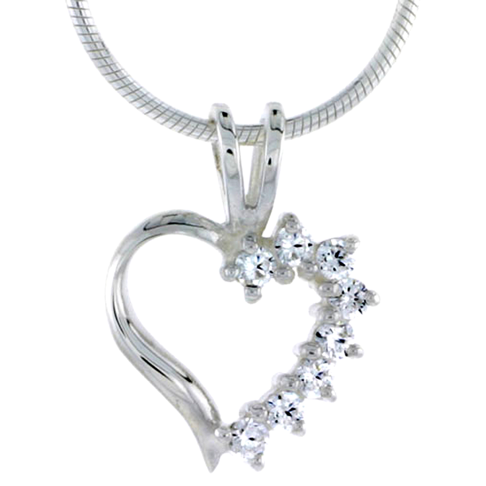 High Polished Sterling Silver 1/2" (12 mm) tall Heart Cut Out Pendant, w/ eight 2mm Brilliant Cut CZ Stones, w/ 18" Thin Box Chain