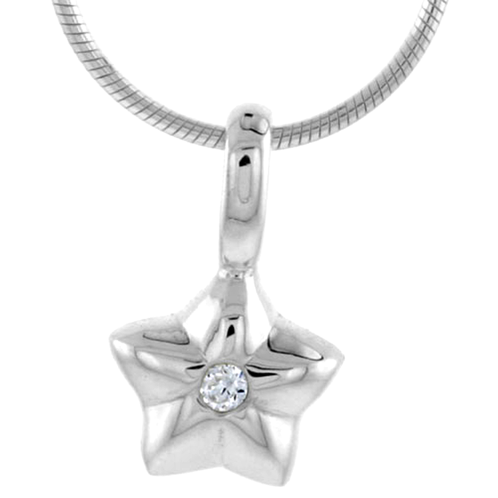 High Polished Sterling Silver 3/8" (10 mm) tall Star Pendant, w/ 2mm Brilliant Cut CZ Stone, w/ 18" Thin Box Chain