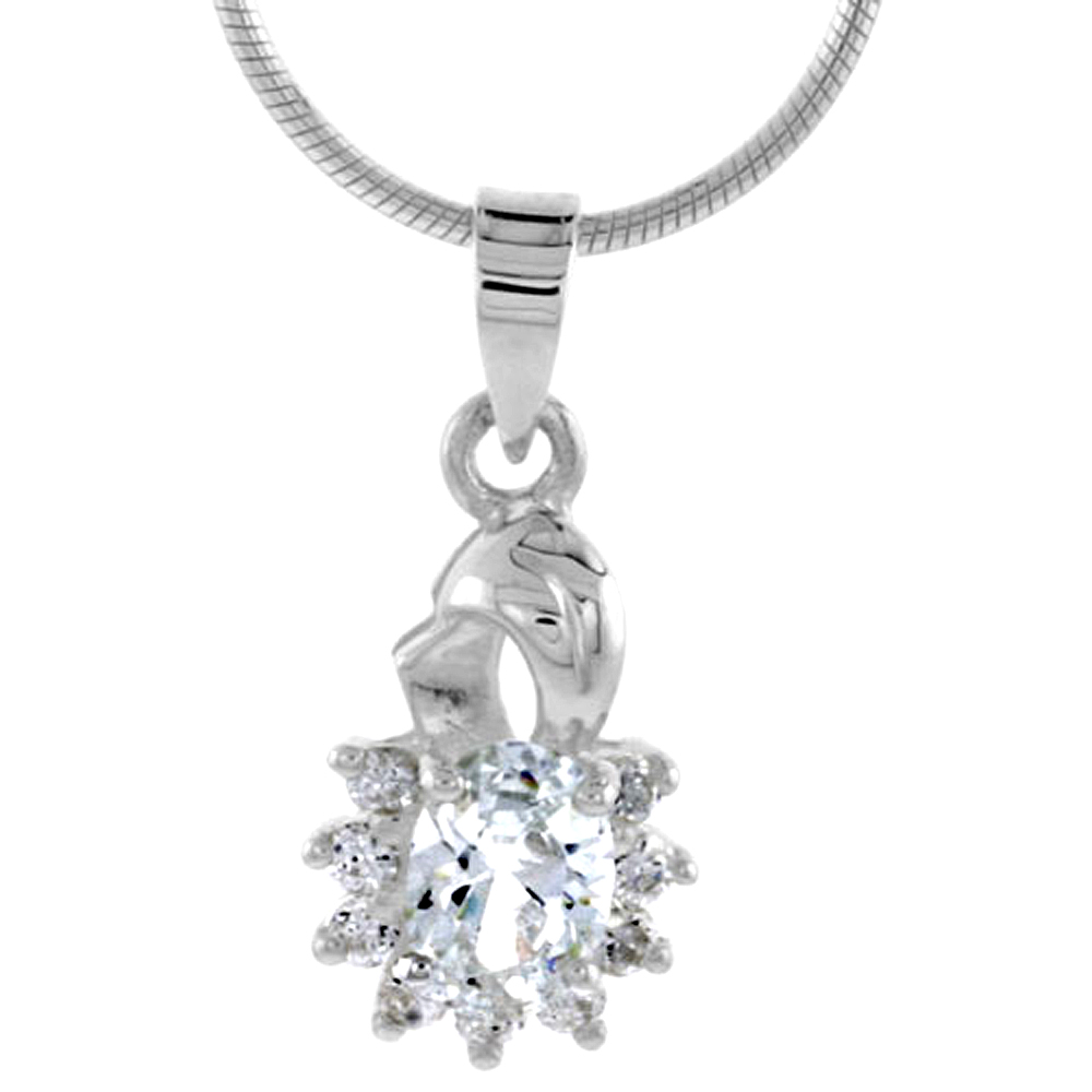 High Polished Sterling Silver 11/16" (17 mm) tall Cluster Pendant, w/ 7x5mm Oval Cut & nine 2mm Brilliant Cut CZ Stones, w/ 18" Thin Box Chain