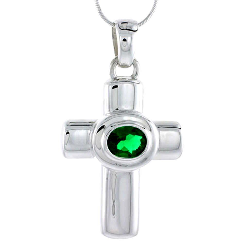 High Polished Sterling Silver 1 3/4" (45 mm) tall Latin Cross Pendant, w/ 10x8mm Oval Cut Emerald-colored CZ Stone, w/ 18" Thin Box Chain