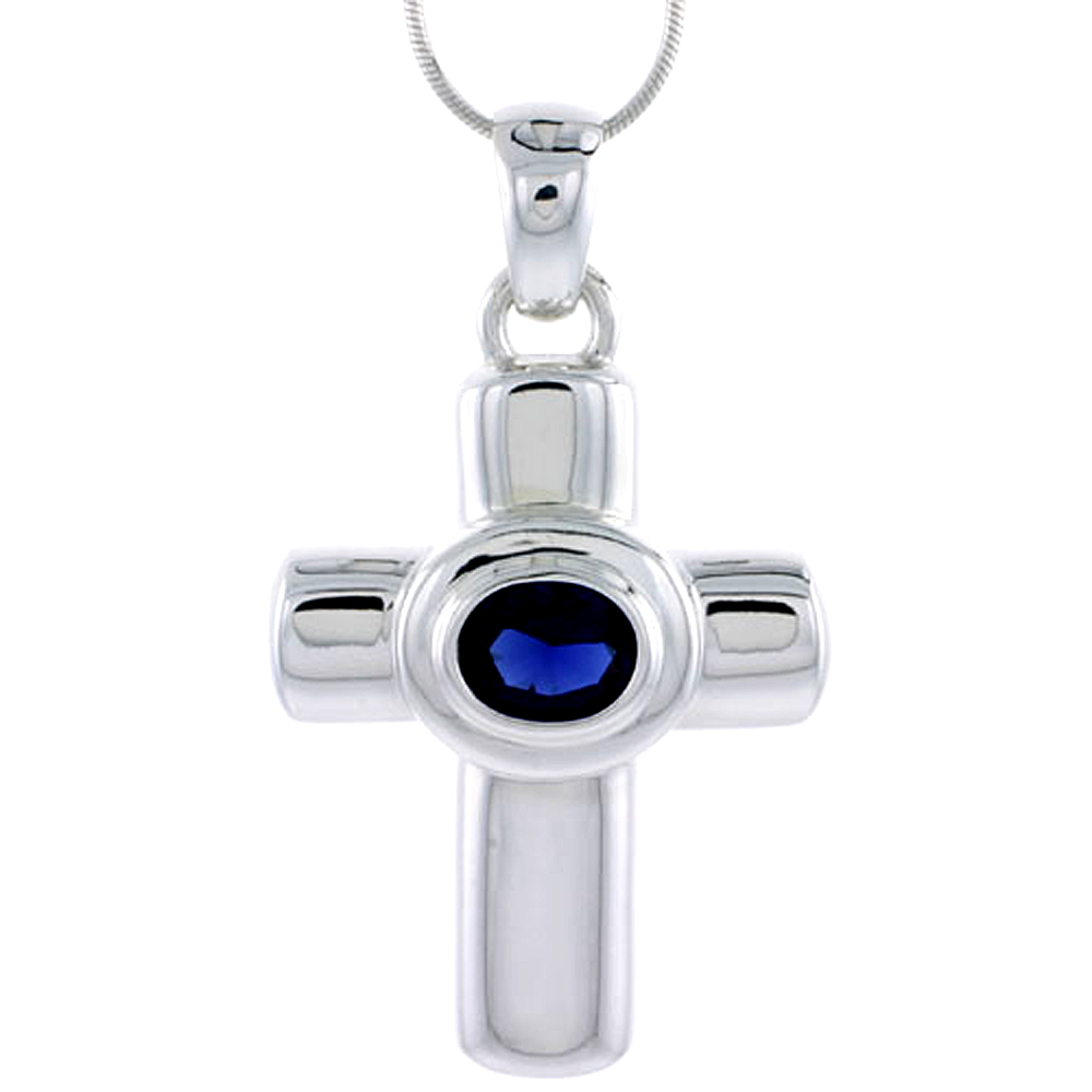 High Polished Sterling Silver 1 3/4" (45 mm) tall Latin Cross Pendant, w/ 10x8mm Oval Cut Blue Sapphire-colored CZ Stone, w/ 18" Thin Box Chain