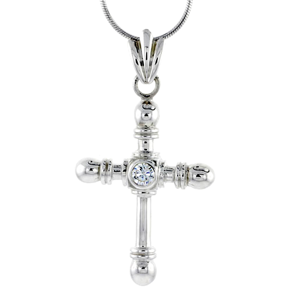 High Polished Sterling Silver 1 1/2" (38 mm) tall Crucifix Pendant, w/ 4mm Brilliant Cut CZ Stone, w/ 18" Thin Box Chain