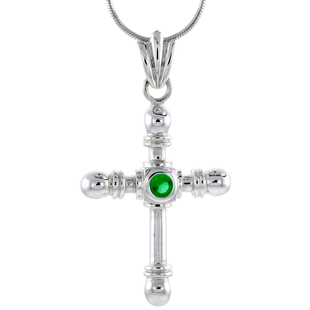 High Polished Sterling Silver 1 1/2" (38 mm) tall Crucifix Pendant, w/ 4mm Brilliant Cut Emerald-colored CZ Stone, w/ 18" Thin Box Chain