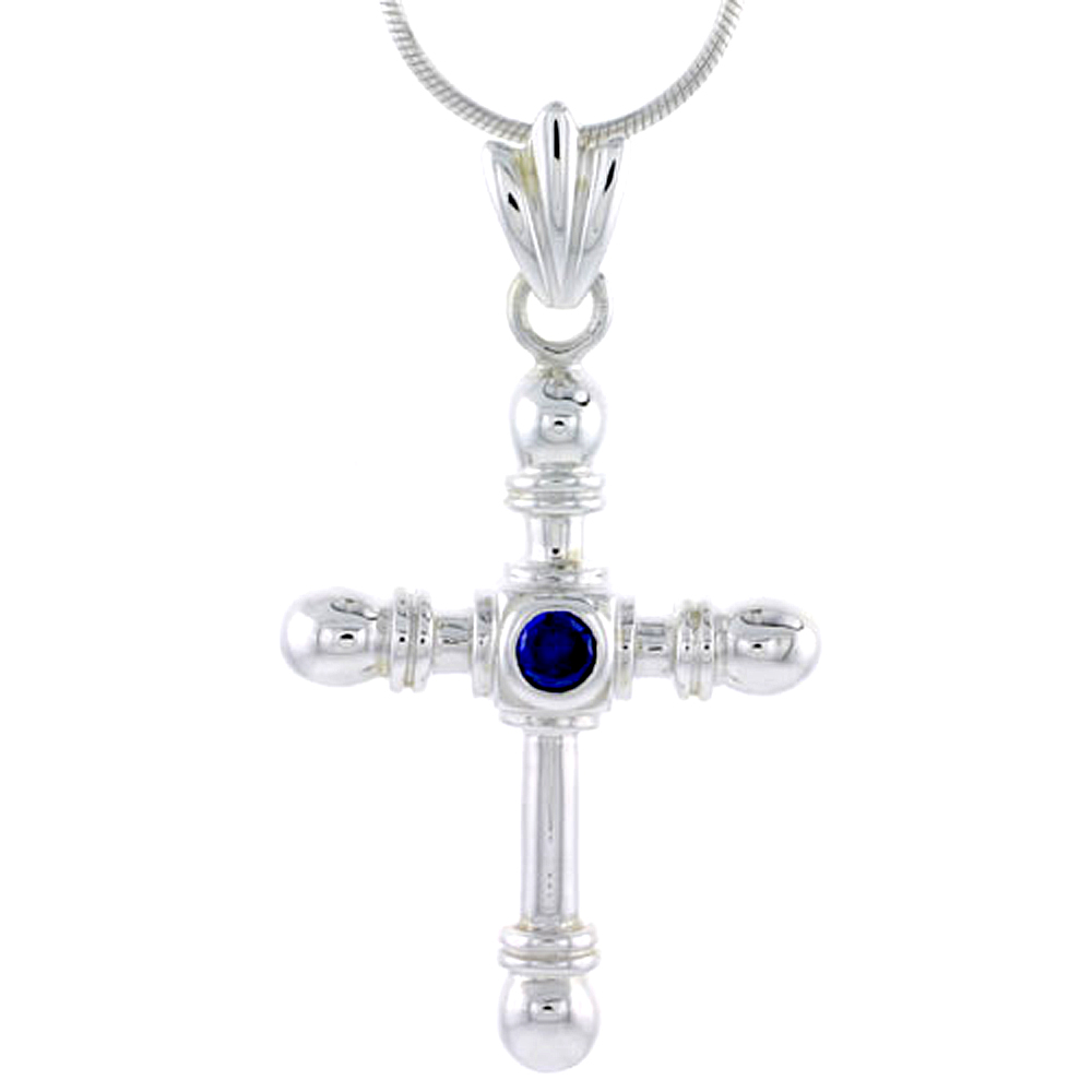 High Polished Sterling Silver 1 1/2" (38 mm) tall Crucifix Pendant, w/ 4mm Brilliant Cut Blue Sapphire-colored CZ Stone, w/ 18" Thin Box Chain