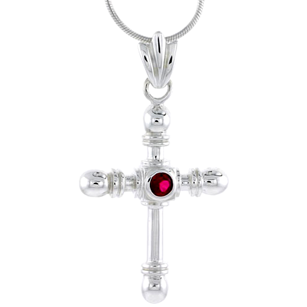 High Polished Sterling Silver 1 1/2" (38 mm) tall Crucifix Pendant, w/ 4mm Brilliant Cut Ruby-colored CZ Stone, w/ 18" Thin Box Chain