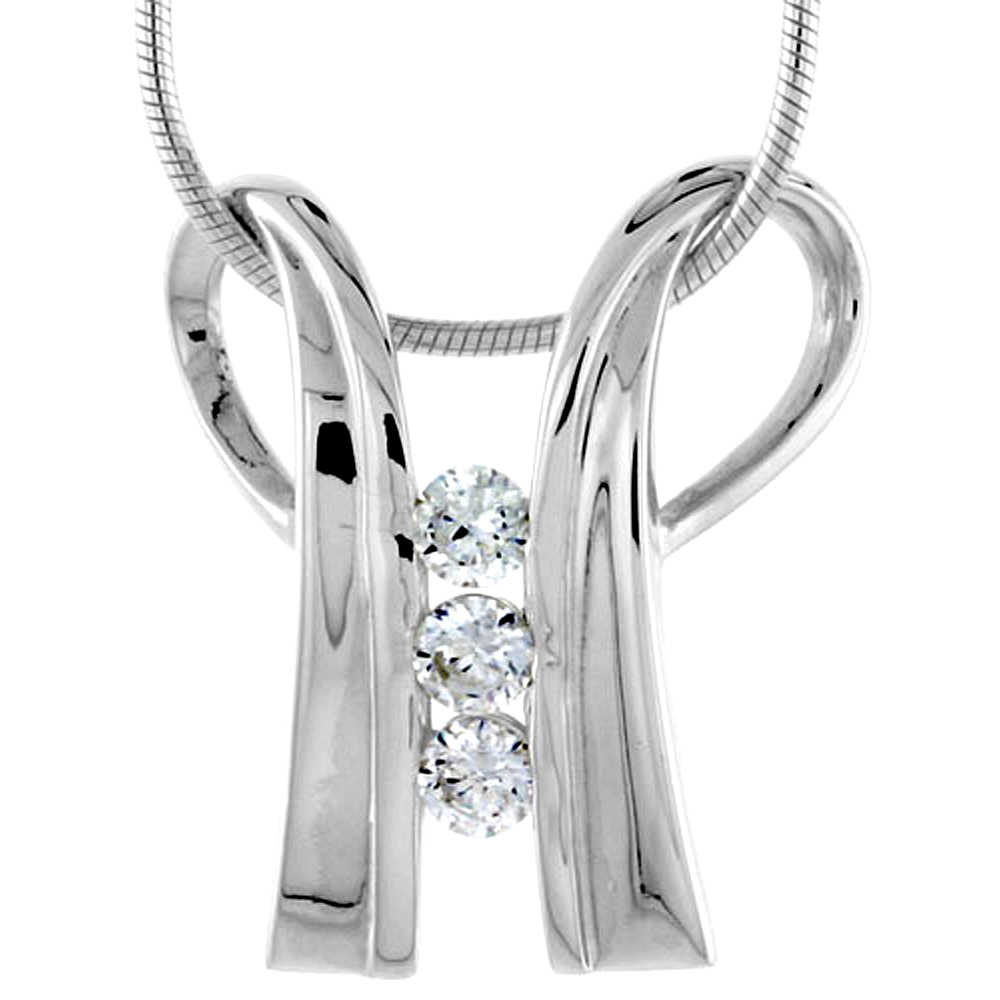 High Polished Sterling Silver 7/8" (23 mm) tall Double Loop Pendant, w/ 3mm Brilliant Cut CZ Stones, w/ 18" Thin Box Chain