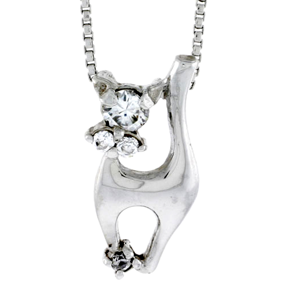 High Polished Sterling Silver 13/16" (20 mm) tall Cat Pendant, w/ one 4mm & two 2mm Brilliant Cut CZ Stones, w/ 18" Thin Box Chain