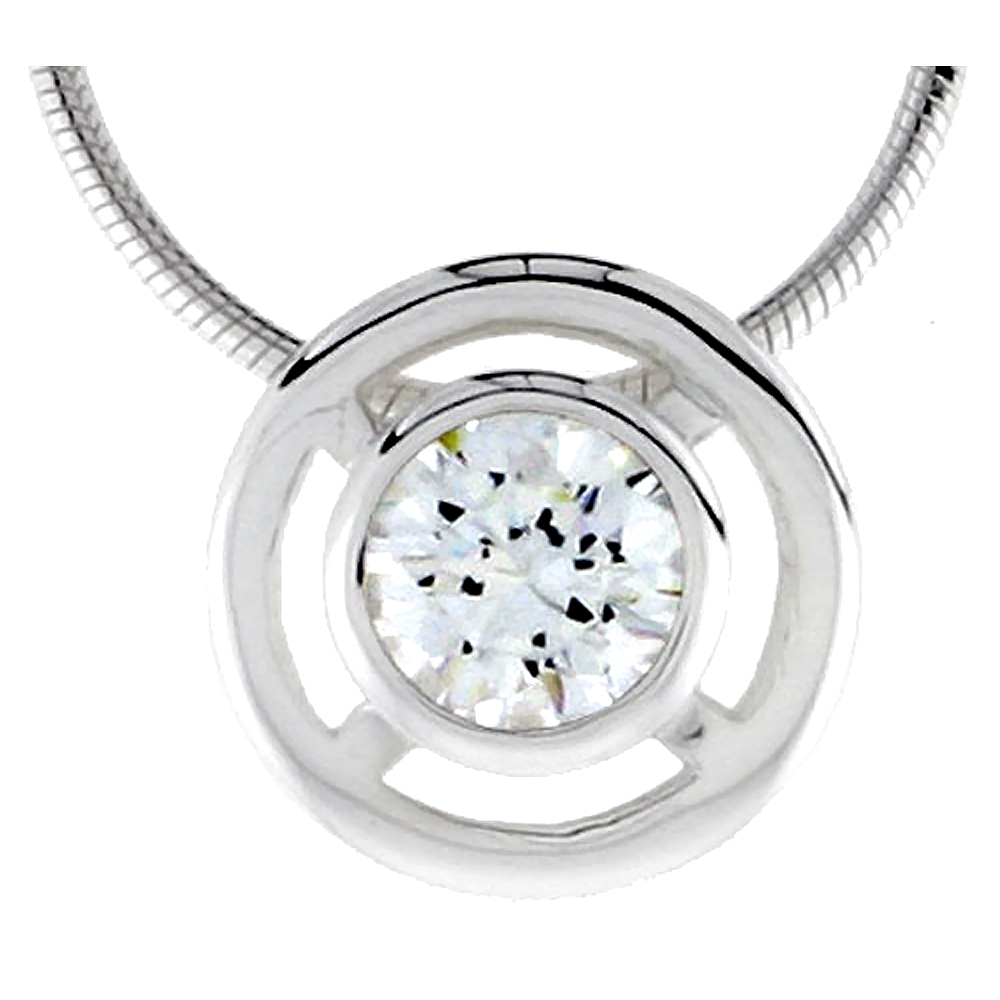 High Polished Sterling Silver 1/2" (13 mm) Round Pendant Enhancer, w/ 8mm Brilliant Cut CZ Stone, w/ 18" Thin Box Chain