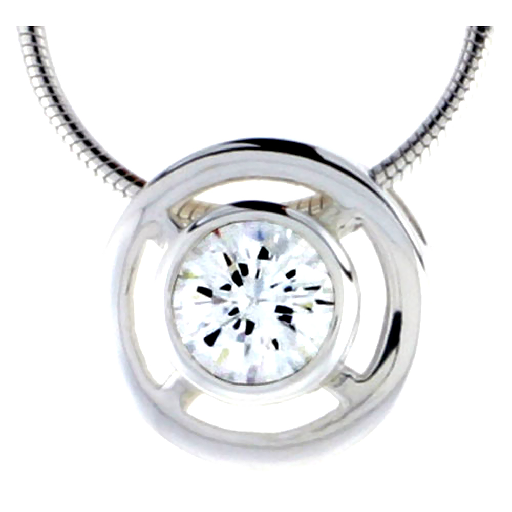 High Polished Sterling Silver 1/2" (13 mm) Round Pendant Enhancer, w/ 7mm Brilliant Cut CZ Stone, w/ 18" Thin Box Chain