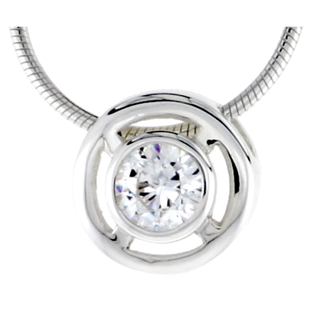 High Polished Sterling Silver 7/16" (11 mm) Round Pendant Enhancer, w/ 6mm Brilliant Cut CZ Stone, w/ 18" Thin Box Chain