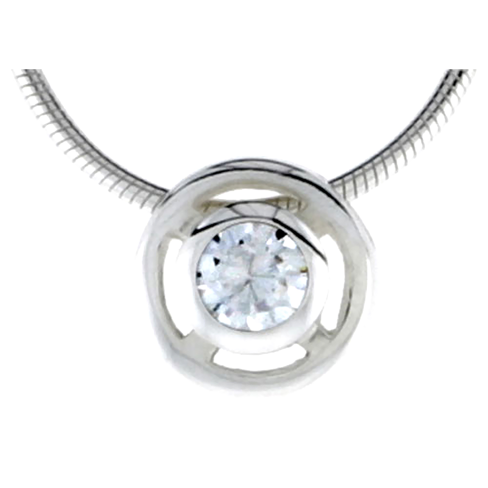 High Polished Sterling Silver 5/16" (8 mm) Round Pendant Enhancer, w/ 5mm Brilliant Cut CZ Stone, w/ 18" Thin Box Chain