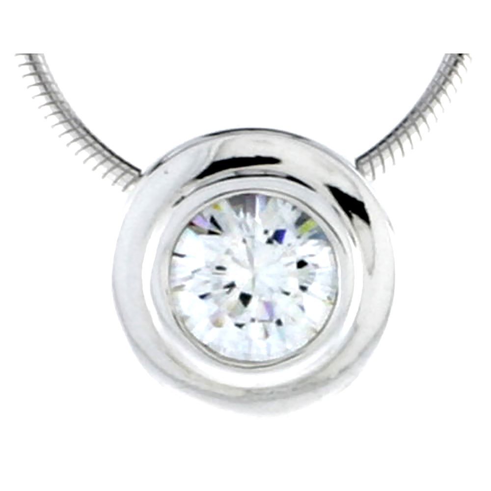 High Polished Sterling Silver 7/16" (11 mm) Round Pendant Enhancer, w/ 6.5mm Brilliant Cut CZ Stone, w/ 18" Thin Box Chain