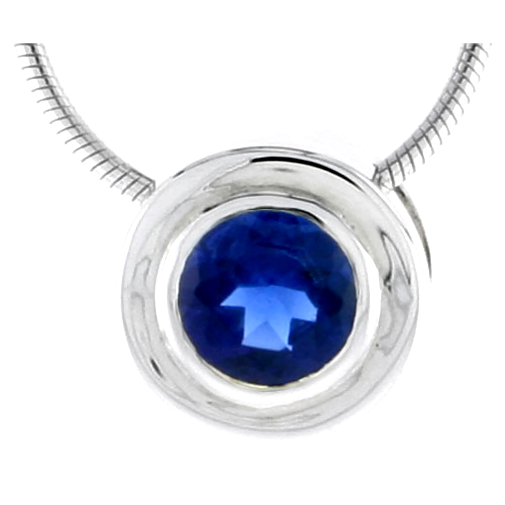 High Polished Sterling Silver 7/16" (11 mm) Round Pendant Enhancer, w/ 6.5mm Brilliant Cut Blue Sapphire-colored CZ Stone, w/ 18" Thin Box Chain