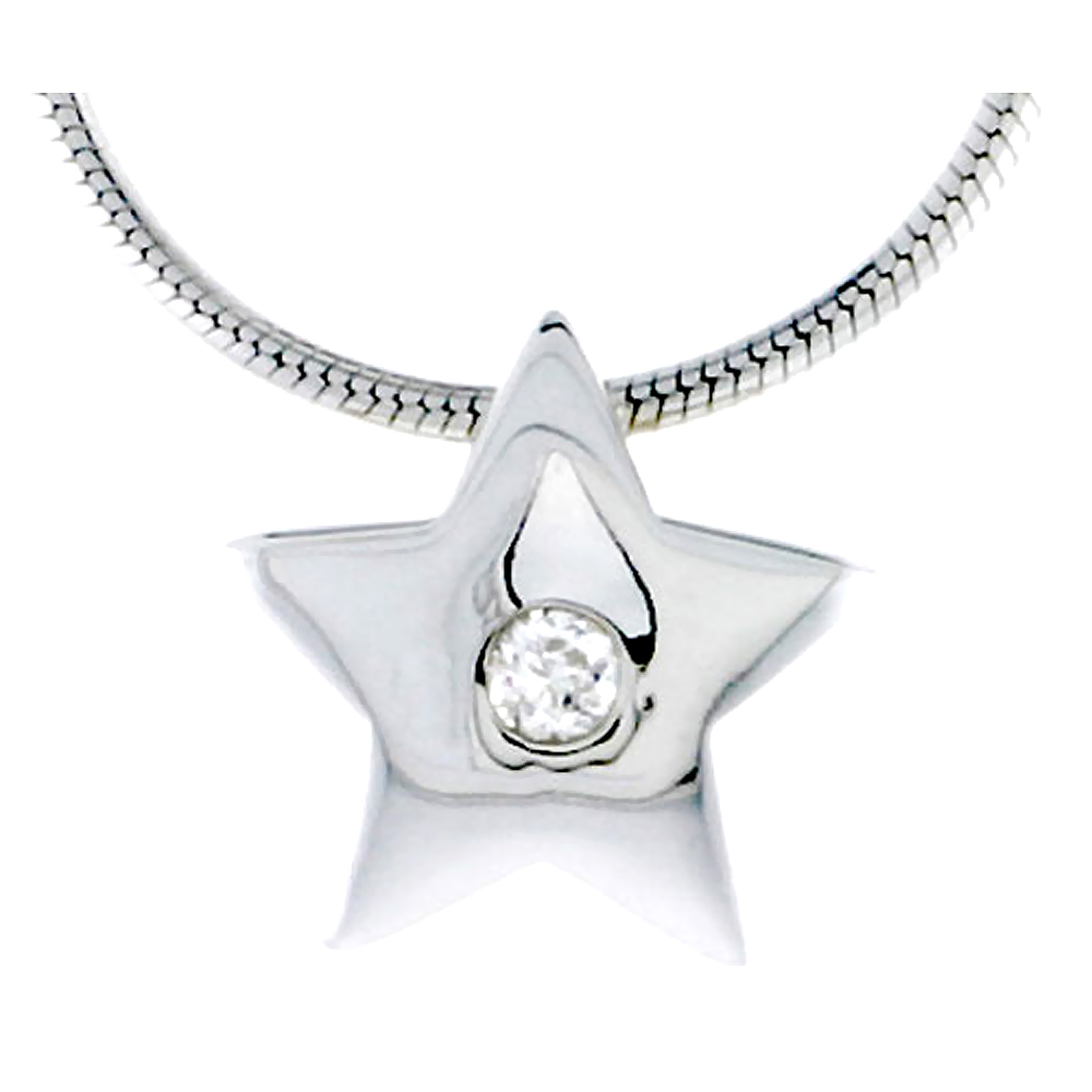 High Polished Sterling Silver 7/16" (11 mm) Star Pendant Enhancer, w/ 2mm Brilliant Cut CZ Stone, w/ 18" Thin Box Chain