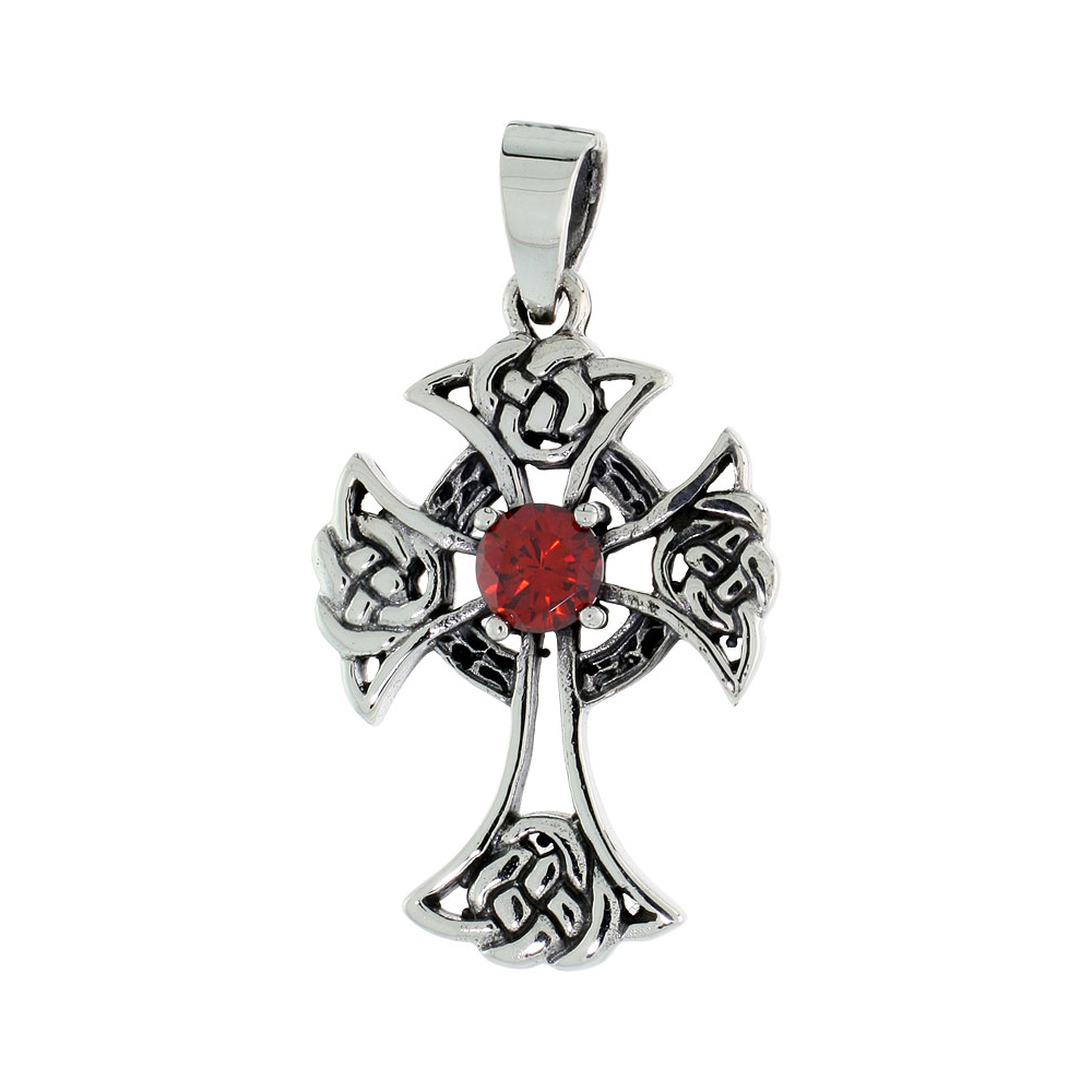 Sterling Silver Celtic Cross Necklace Red CZ, 1 3/16 inch tall