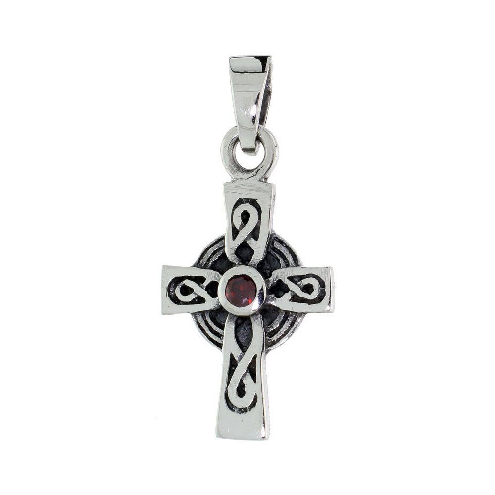 Sterling Silver Celtic Cross Necklace Infinity Symbols Red CZ, 1 1/8 inch tall