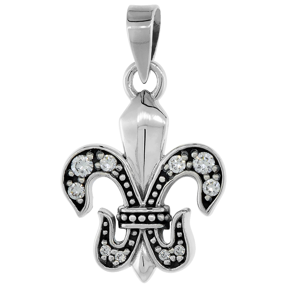 Sterling Silver Fleur De Lis Necklace w/ Clear CZ Stones, 1 inch tall