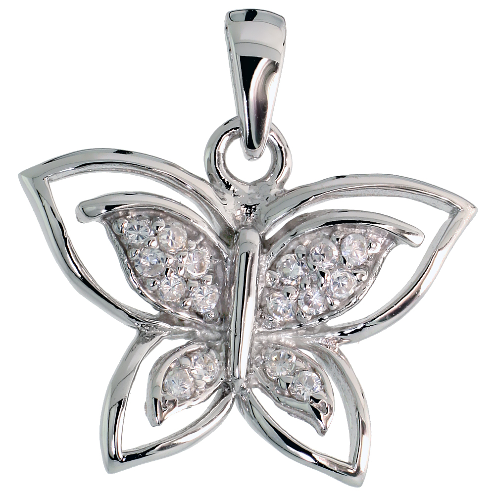 Sterling Silver Butterfly Pendant w/ Pave CZ Stones, 11/16" (17 mm) tall