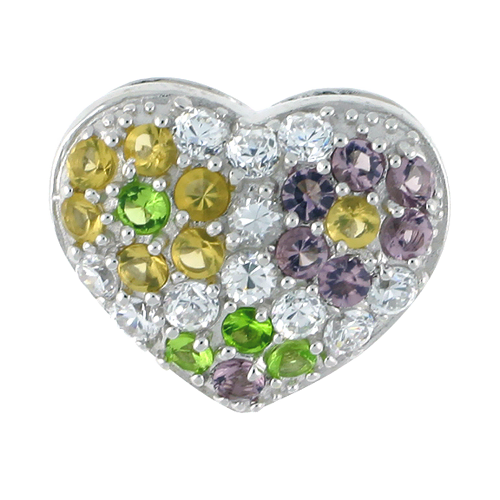 Sterling Silver Heart Pendant, w/ Brilliant Cut Clear, Amethyst-colored, Peridot-colored & Yellow Topaz-colored CZ Stones, 9/16" (14 mm) tall, w/ 18" Thin Snake Chain