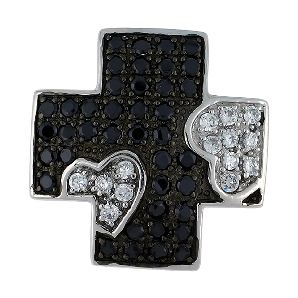 Sterling Silver Greek Cross Pendant w/ Heart Design, w/ Brilliant Cut Clear & Black CZ Stones, 1 1/16" (27 mm) tall, w/ 18" Thin Snake Chain