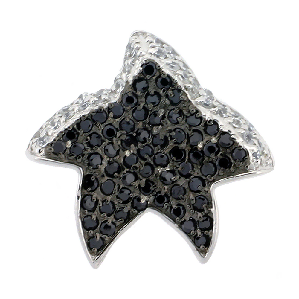 Sterling Silver Starfish Pendant, w/ Brilliant Cut Clear & Black CZ Stones, 15/16" (24 mm) tall, w/ 18" Thin Snake Chain