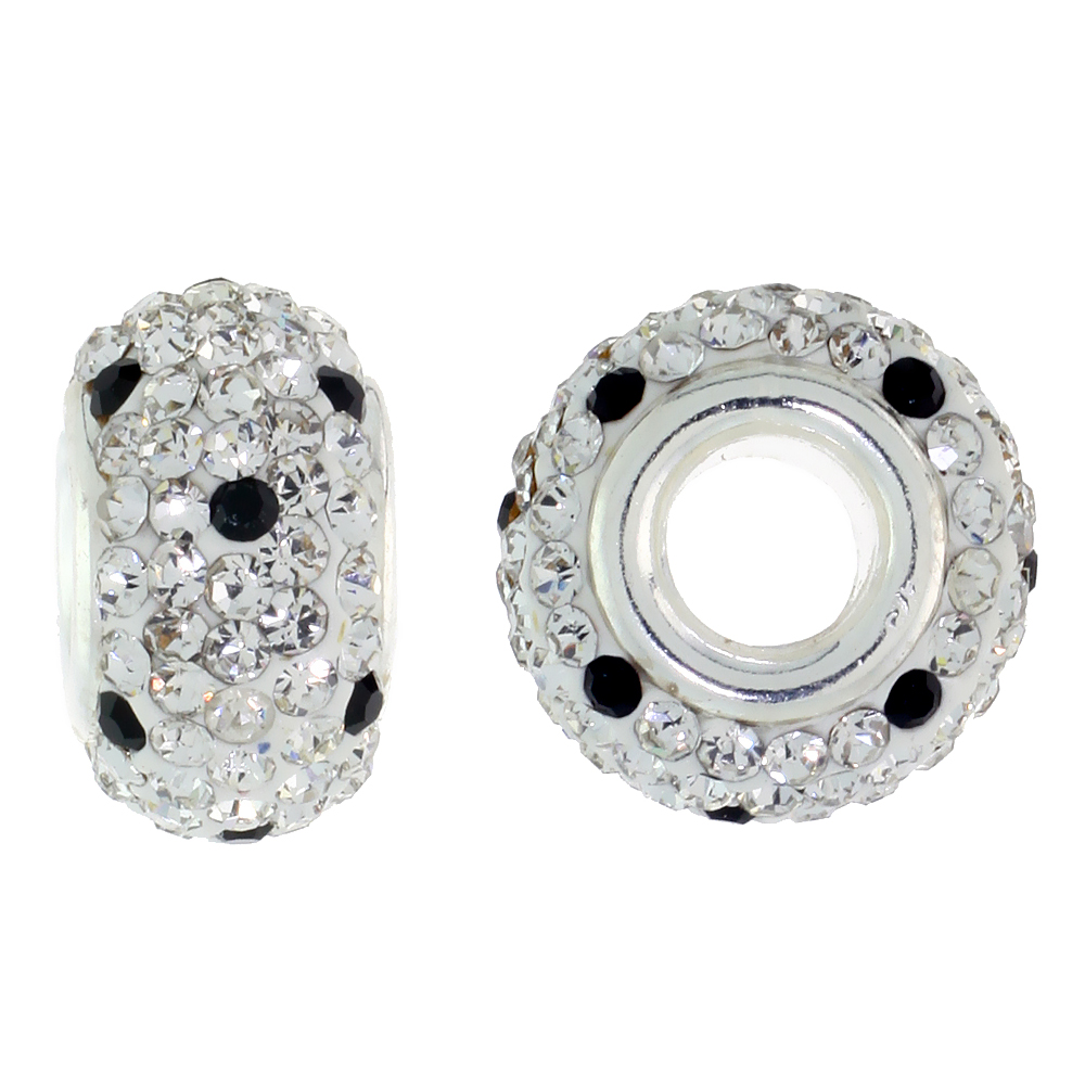 Sterling Silver Crystal Charm Bead White &amp; Black Color Charm Bracelet Compatible, 13 mm
