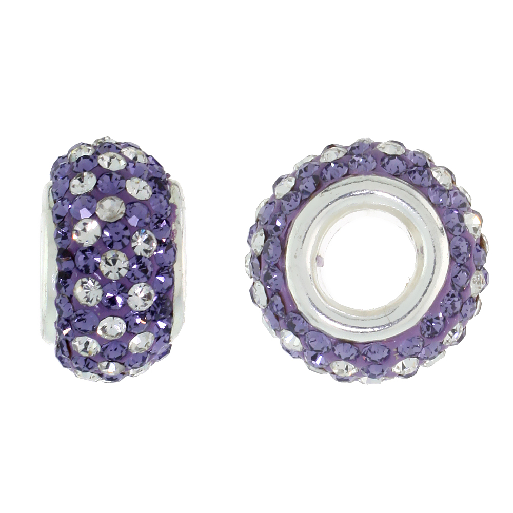 Sterling Silver Crystal Charm Bead White &amp; Violet Color Charm Bracelet Compatible, 13 mm