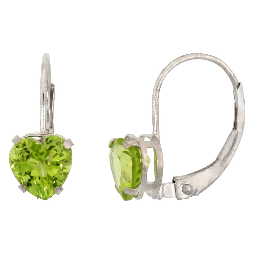 10k White Gold Natural Peridot Heart Leverback Earrings 6mm August Birthstone, 9/16 inch long