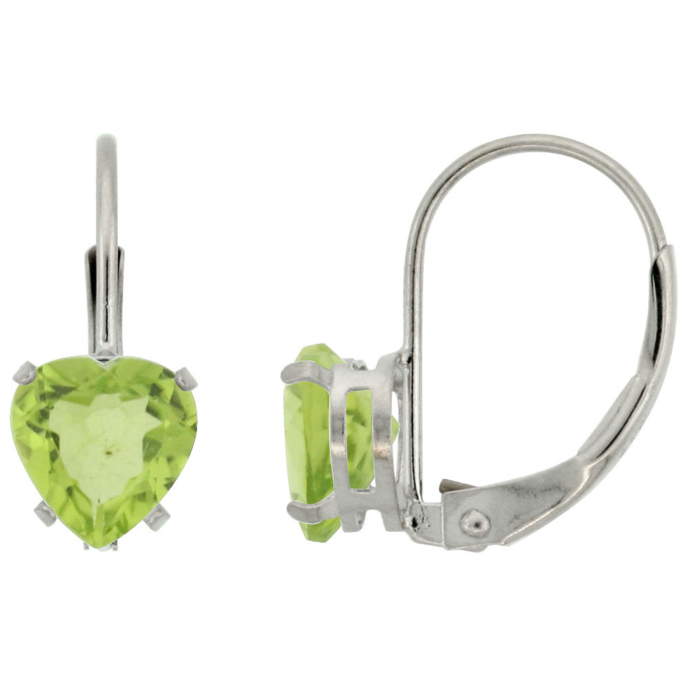 10k White Gold Natural Peridot Heart Leverback Earrings 7mm August Birthstone