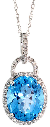 14k White Gold 18&quot; Chain &amp; 7/8&quot; (23mm) tall Blue Topaz Pendant, w/ 0.15 Carat Brilliant Cut Diamonds &amp; 4.70 Carats 11x9mm Oval Cut Blue Topaz Stone
