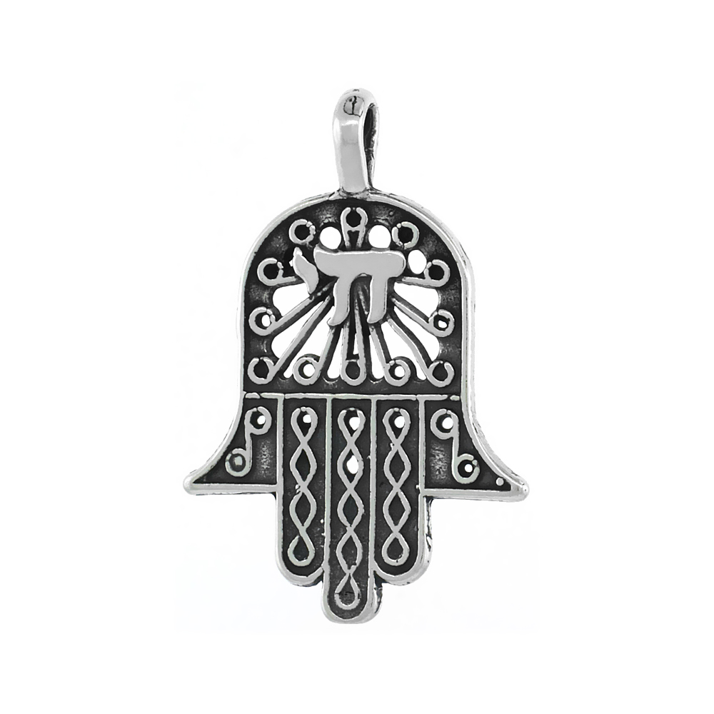 Sterling Silver Hamsa / Chamsa Necklace Antiqued finish 3/4 inch