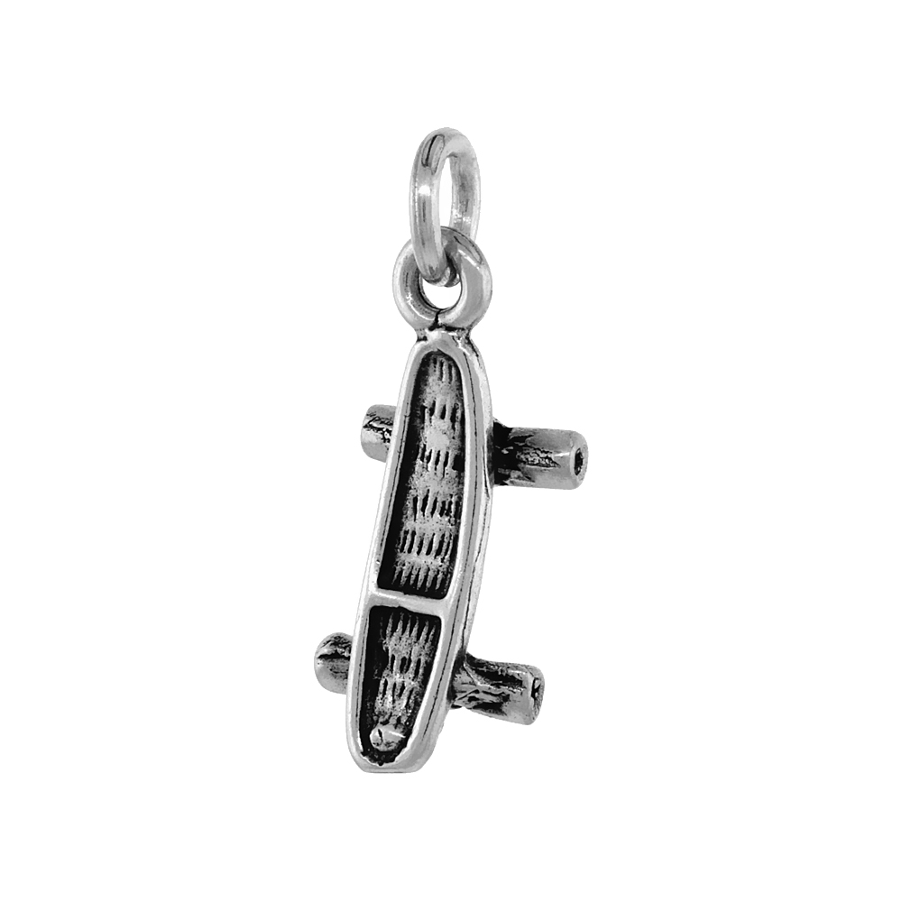 Sterling Silver Skateboard Pendant Antiqued finish 3/4 inch