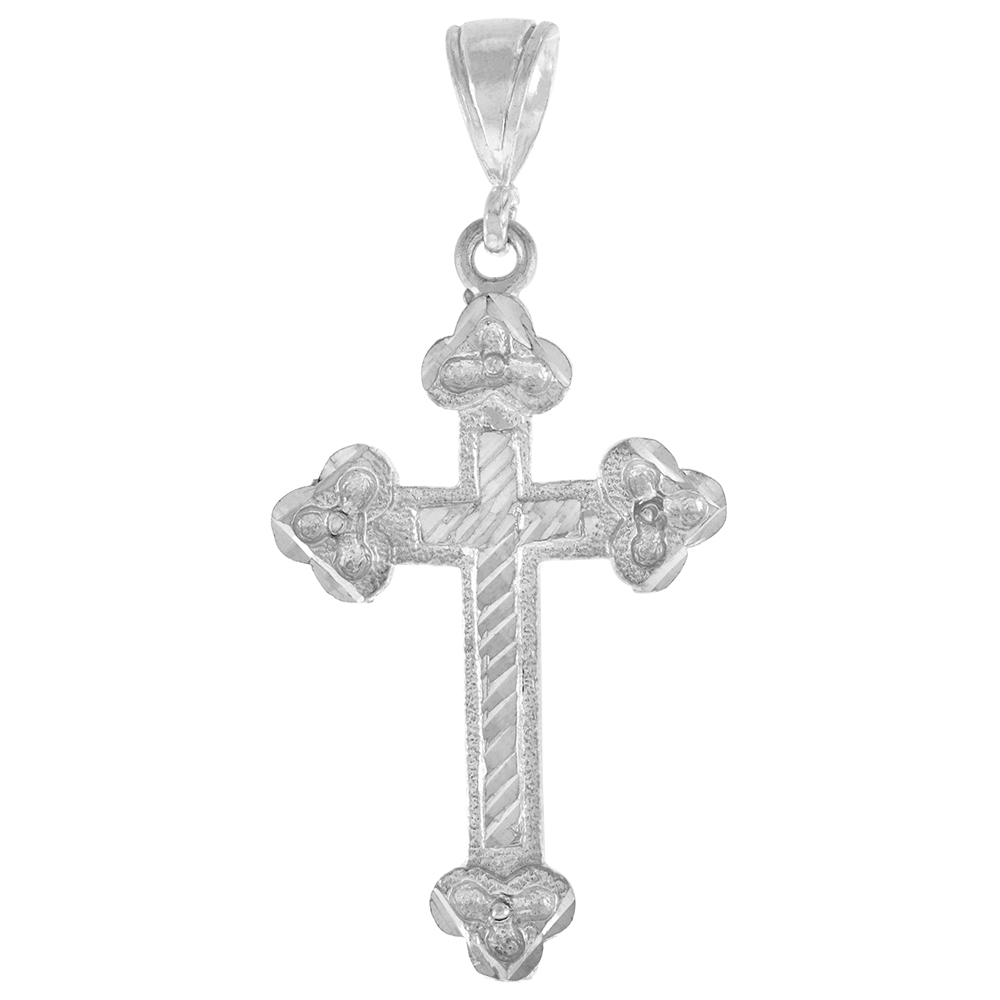 1 3/4 inch Large Sterling Silver Budded Cross Pendant for Men Diamond Cut finish