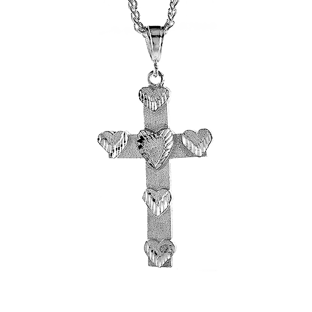 2 1/2 inch Large Sterling Silver Hearts Cross Pendant for Men Diamond Cut finish