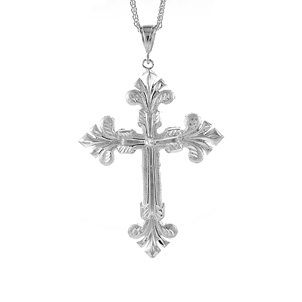 4 1/8 inch Large Sterling Silver Cross Pendant for Men Diamond Cut finish