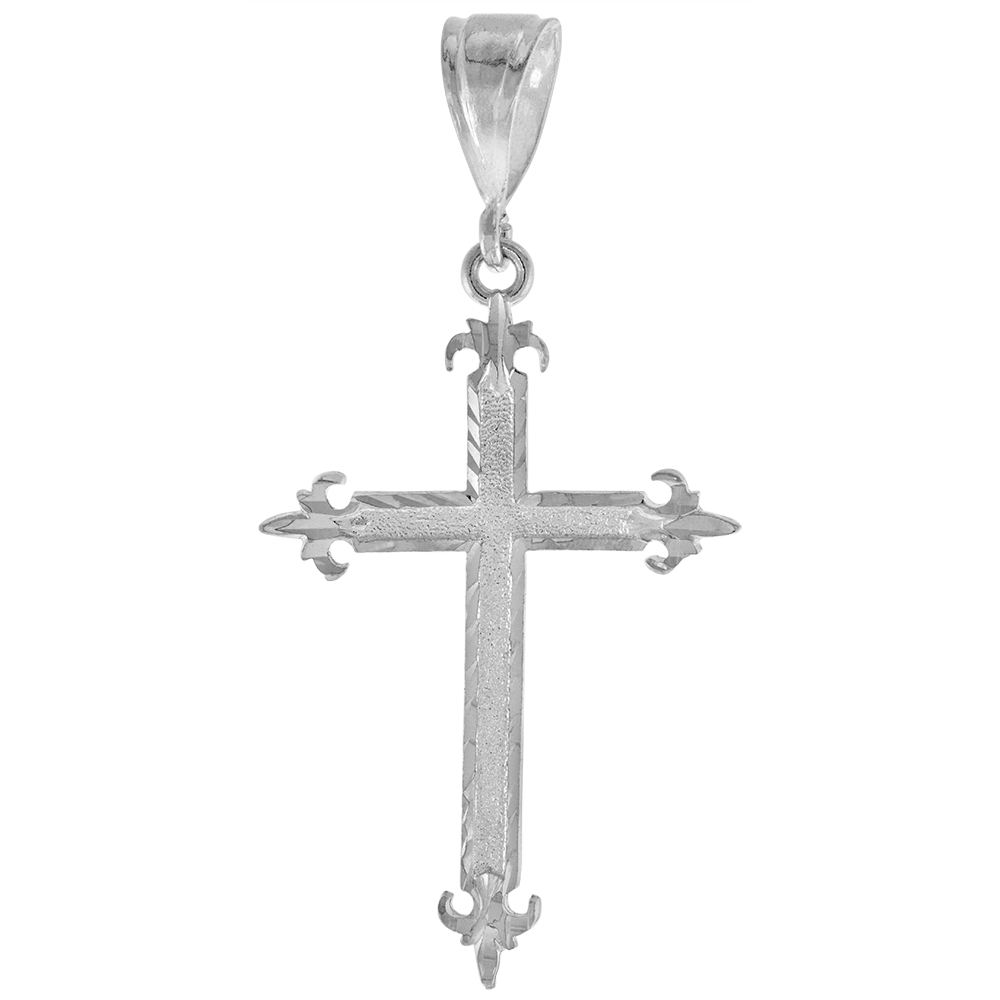 2 5/16 inch Large Sterling Silver Fleur-de-lis Cross Pendant for Men Diamond Cut finish