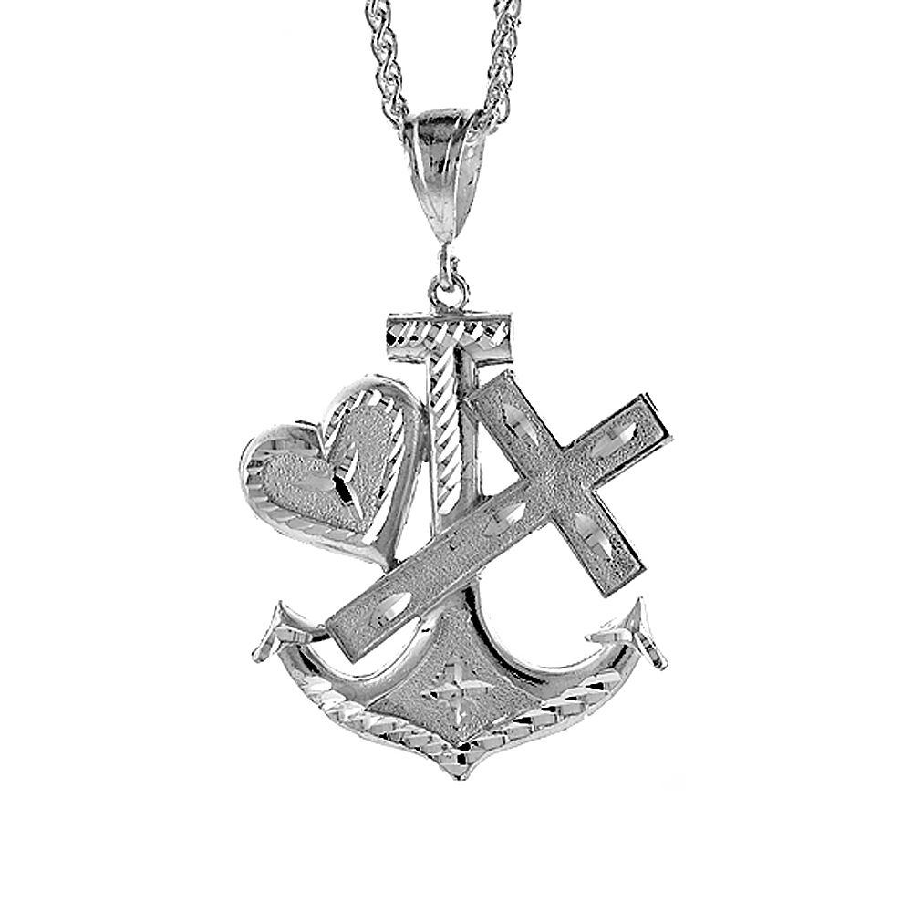 2 3/16 inch Large Sterling Silver Anchor Cross and Heart Pendant for Men Diamond Cut finish