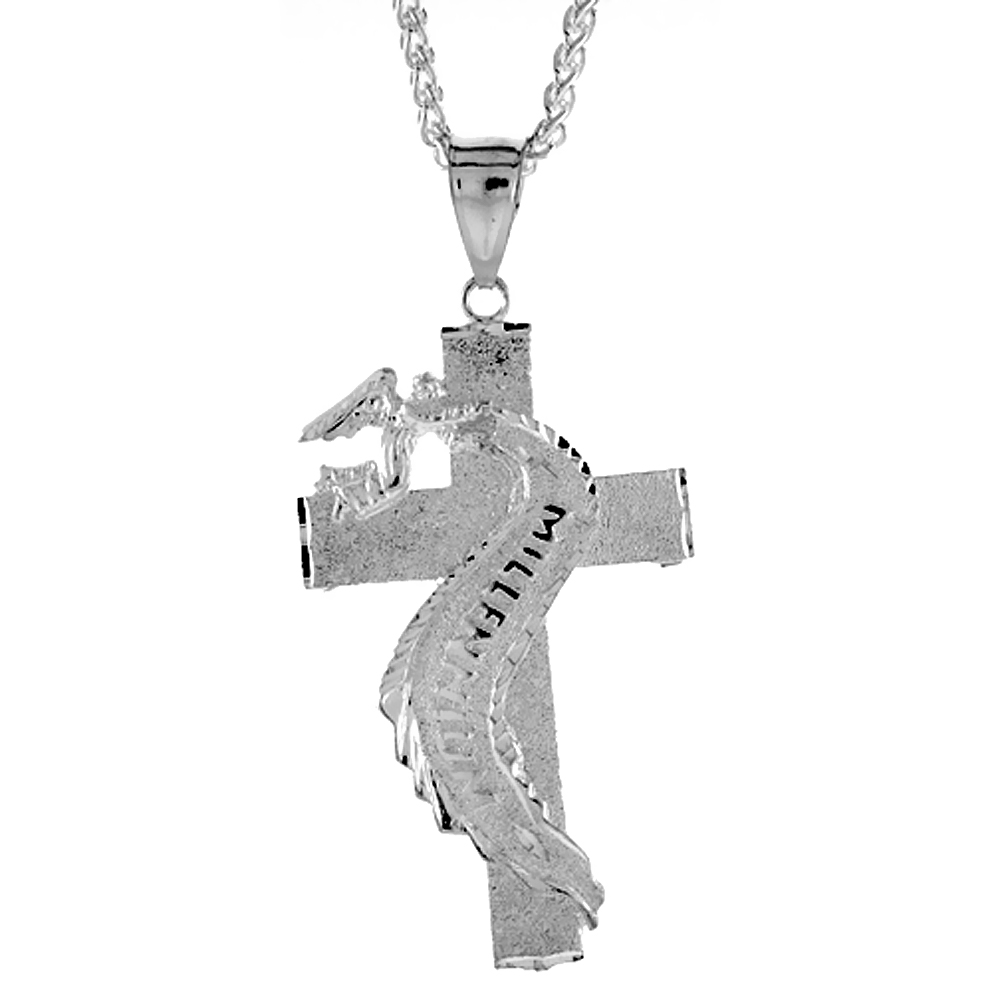 2 1/2 inch Large Sterling Silver Cross Pendant for Men Diamond Cut finish with Angel