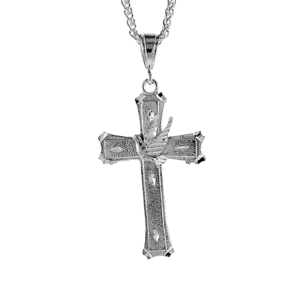 2 5/16 inch Large Sterling Silver Cross with Dove Pendant for Men Diamond Cut finish