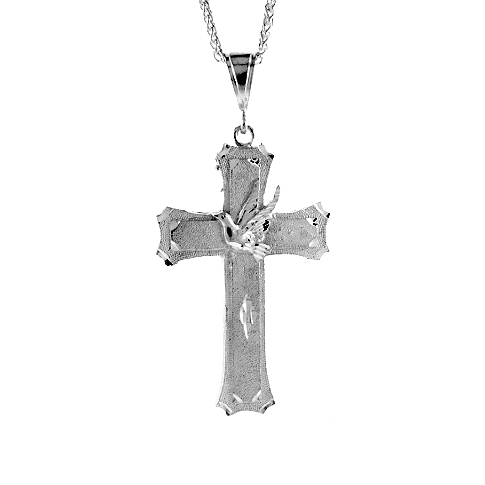 3 3/16 inch Large Sterling Silver Cross with Dove Pendant for Men Diamond Cut finish