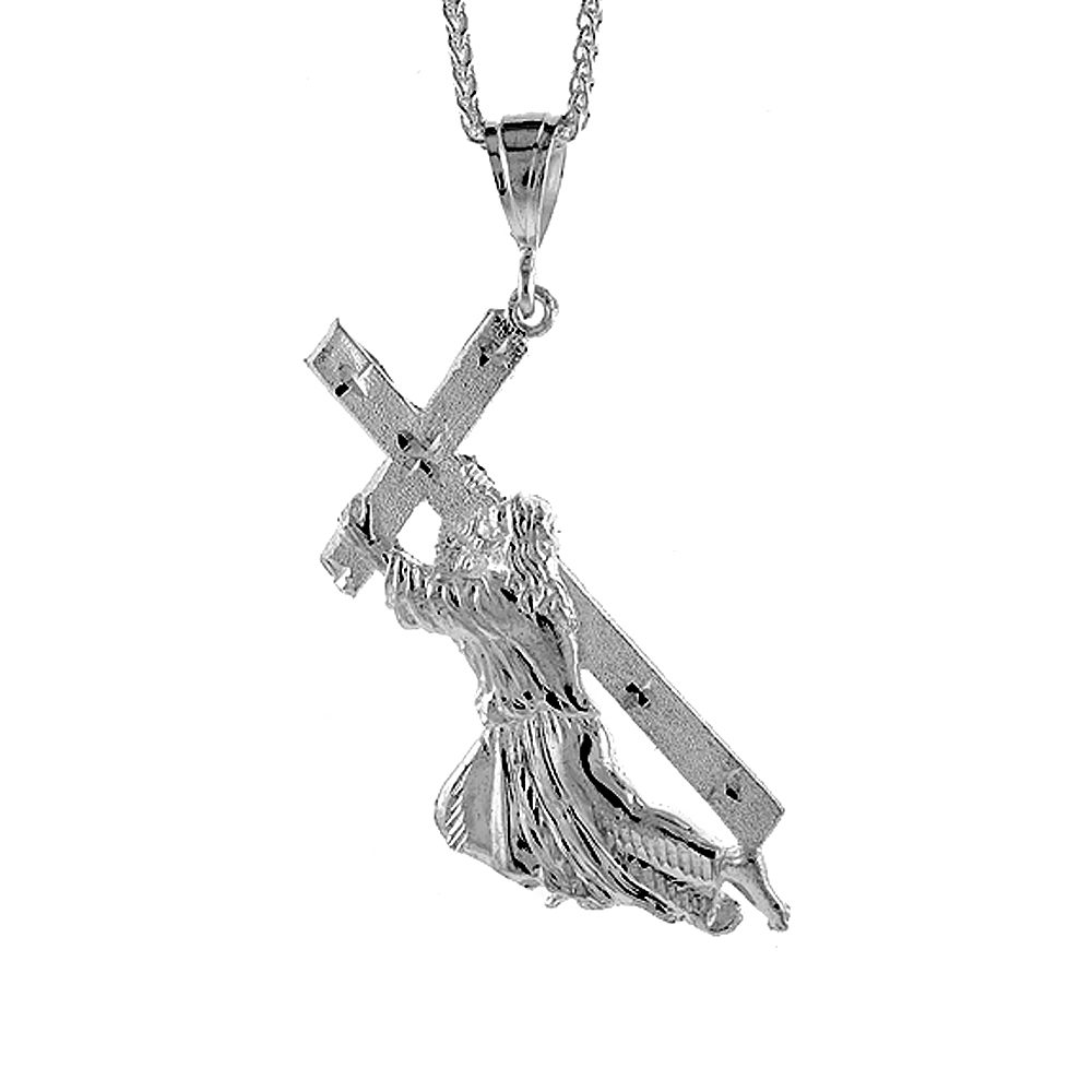 3 1/2 inch Large Sterling Silver Christ Carrying the Cross Pendant for Men Diamond Cut finish