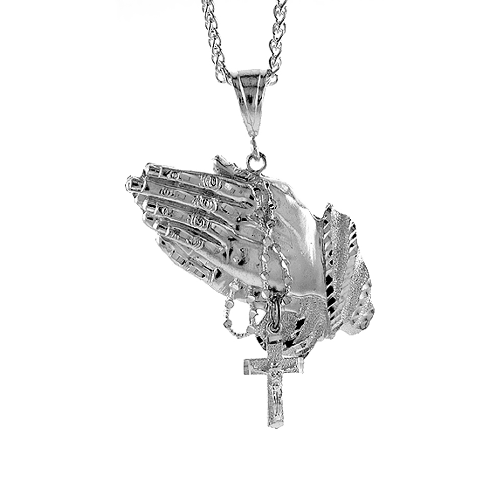 2 5/8 inch Large Sterling Silver Praying Hand with Rosary Pendant for Men Diamond Cut finish