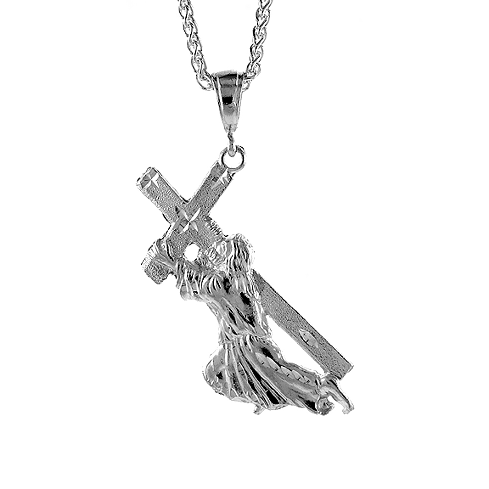 2 5/8 inch Large Sterling Silver Christ Carrying the Cross Pendant for Men Diamond Cut finish