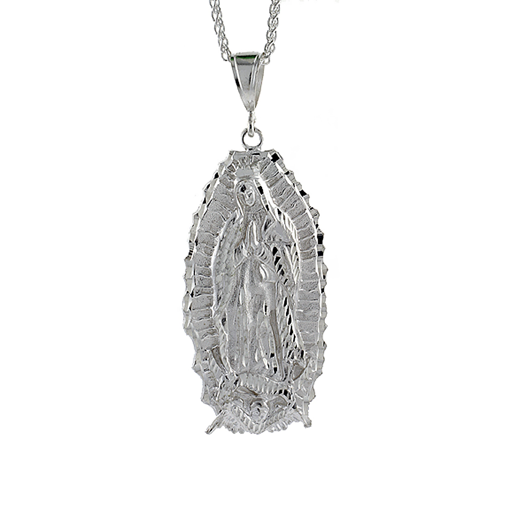 3 5/16 inch Large Sterling Silver Guadalupe Pendant for Men Diamond Cut finish