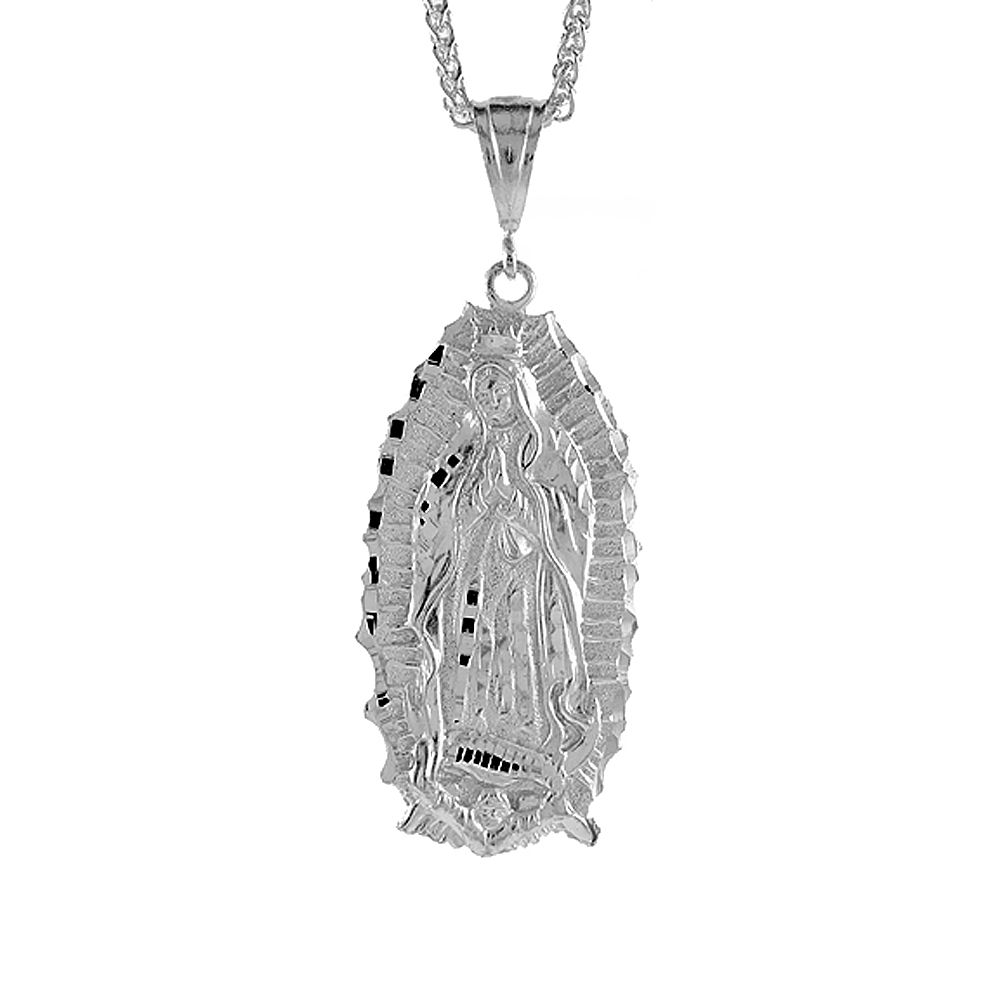 2 1/2 inch Large Sterling Silver Guadalupe Pendant for Men Diamond Cut finish