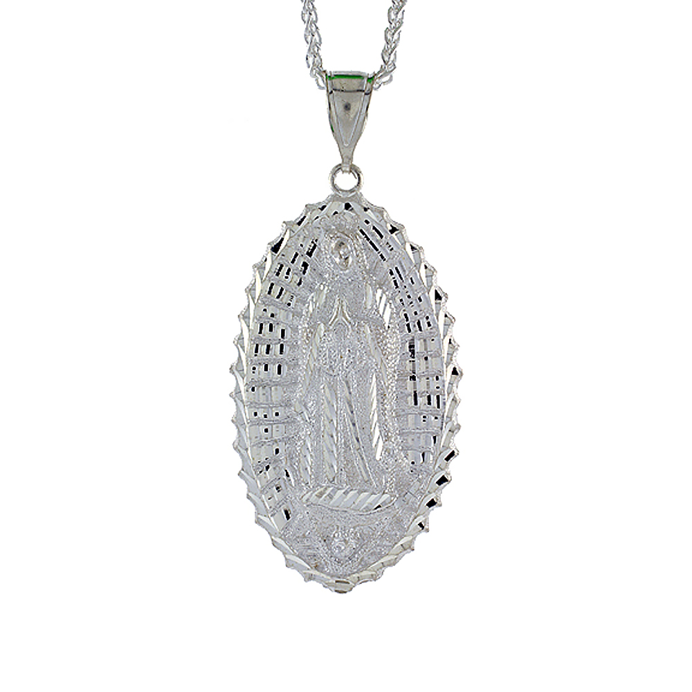 3 inch Large Sterling Silver Guadalupe Pendant for Men Diamond Cut finish