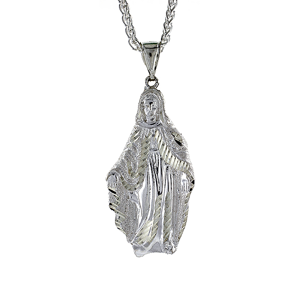 2 3/16 inch Large Sterling Silver Mother Mary Pendant for Men Diamond Cut finish