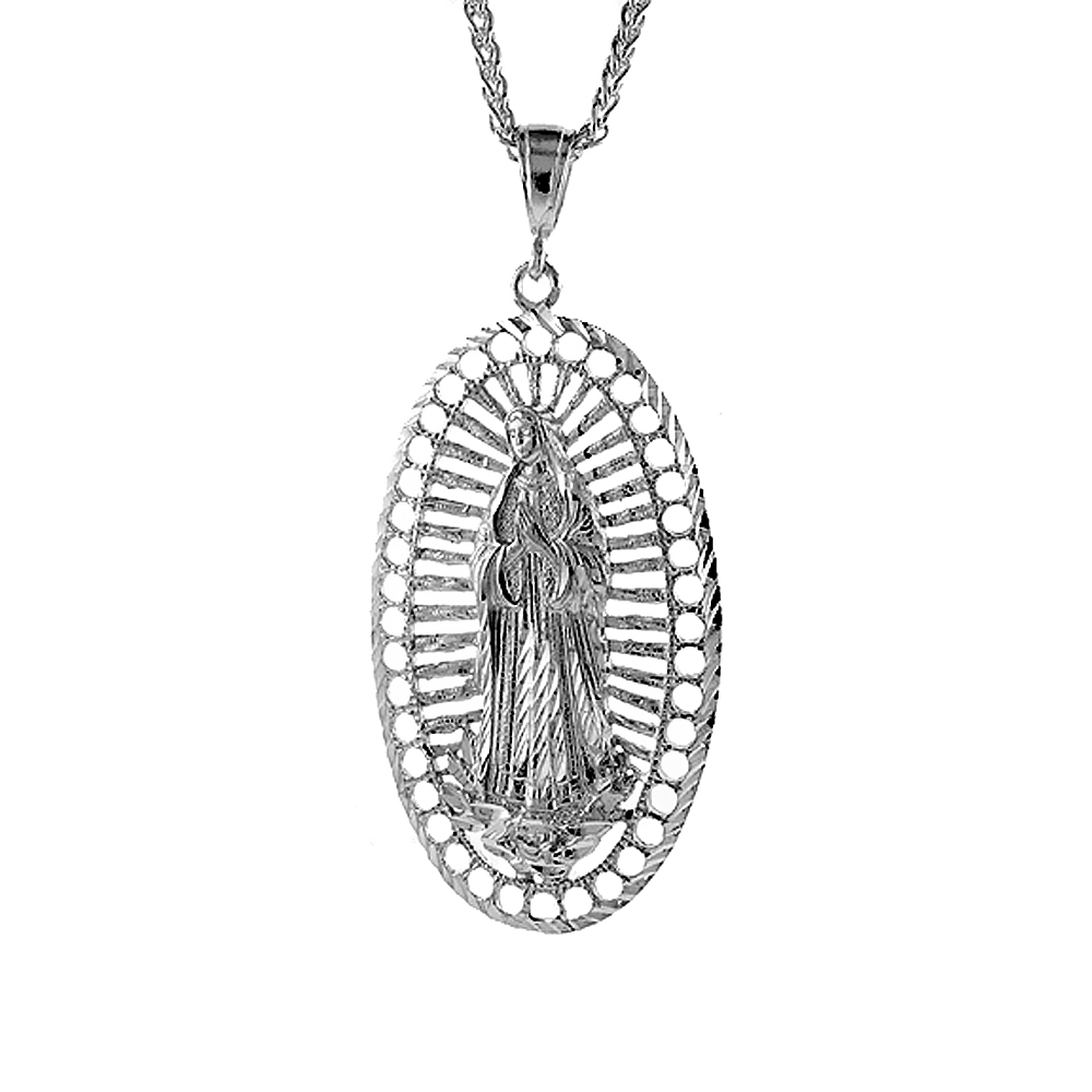 2 3/4 inch Large Sterling Silver Guadalupe Pendant for Men Diamond Cut finish